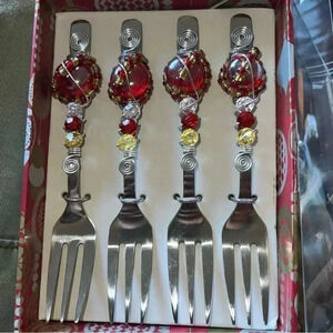 Wild Eye Design Cocktail Christmas Stainless Forks Handcrafted Beaded 3 Prong